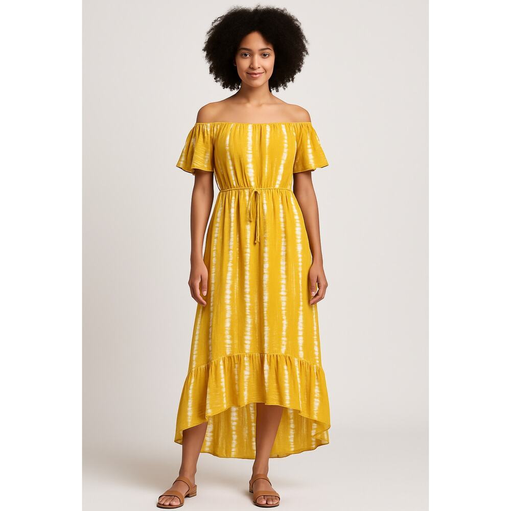 Blue Island Women’s Off Shoulder Yellow Tie Dye Dress Size L Boho Ruffle Hem